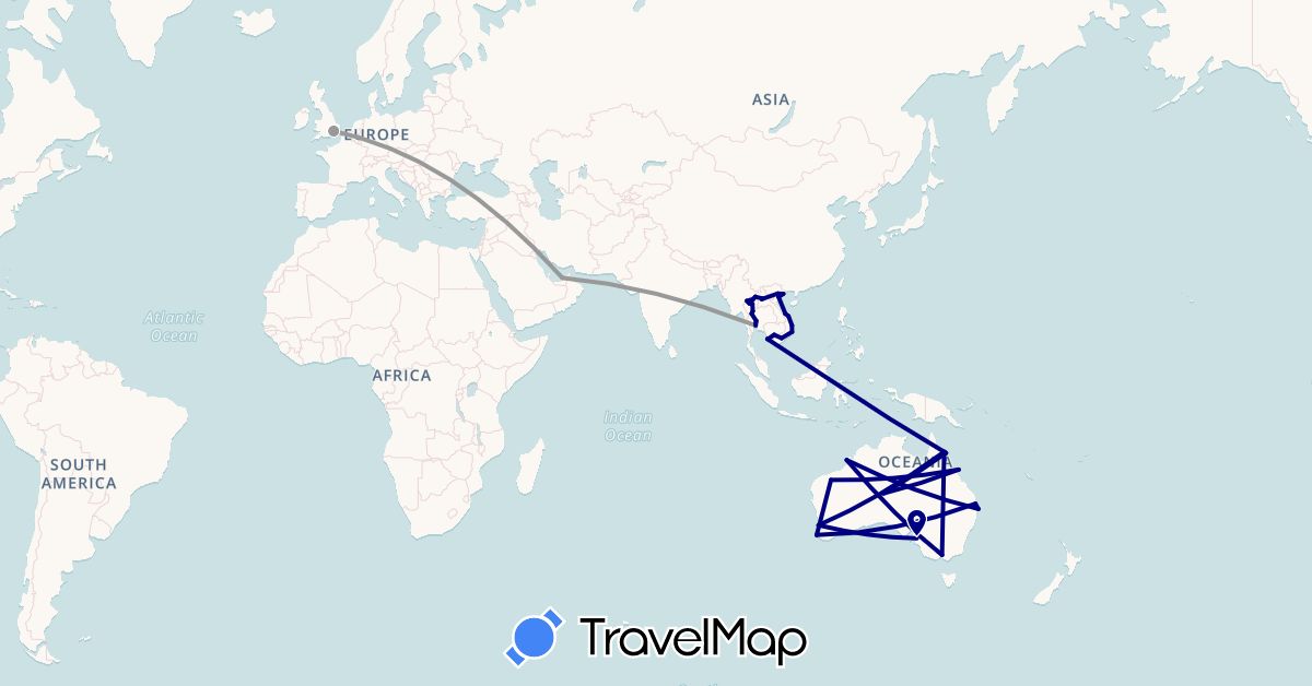 TravelMap itinerary: driving, plane in United Arab Emirates, Australia, United Kingdom, Cambodia, Laos, Thailand, Vietnam (Asia, Europe, Oceania)