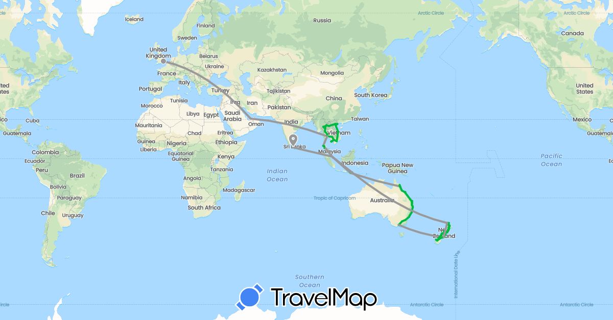 TravelMap itinerary: driving, bus, plane, boat in United Arab Emirates, Australia, United Kingdom, Indonesia, Cambodia, Laos, Sri Lanka, Malaysia, New Zealand, Singapore, Thailand, Vietnam (Asia, Europe, Oceania)
